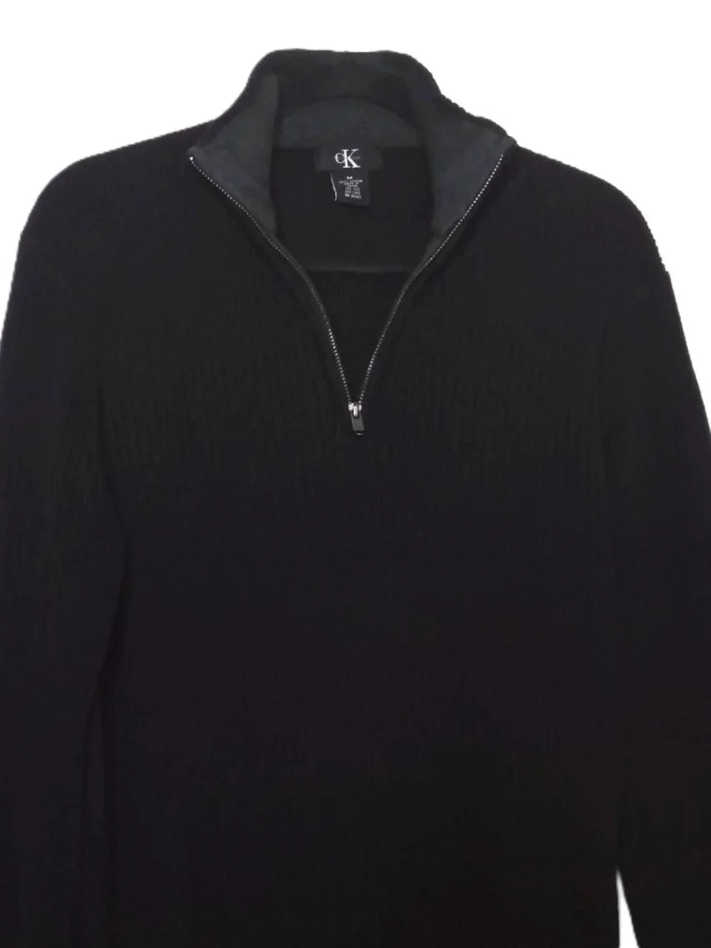 Calvin Klein Men's Black Knit Sweater Pullover 1/4 Zip Heavy Cotton Ribbed Sz M